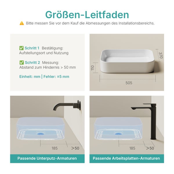 Größenratgeber für ein Waschbecken mit Maßangaben und Montagehinweisen