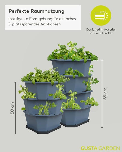 Vertikale Pflanzgefäße, drei Ebenen 50 Zentimeter hoch, vier Ebenen 65 Zentimeter hoch, Gusta Garden Logo, Herkunftssiegel Europäische Union.