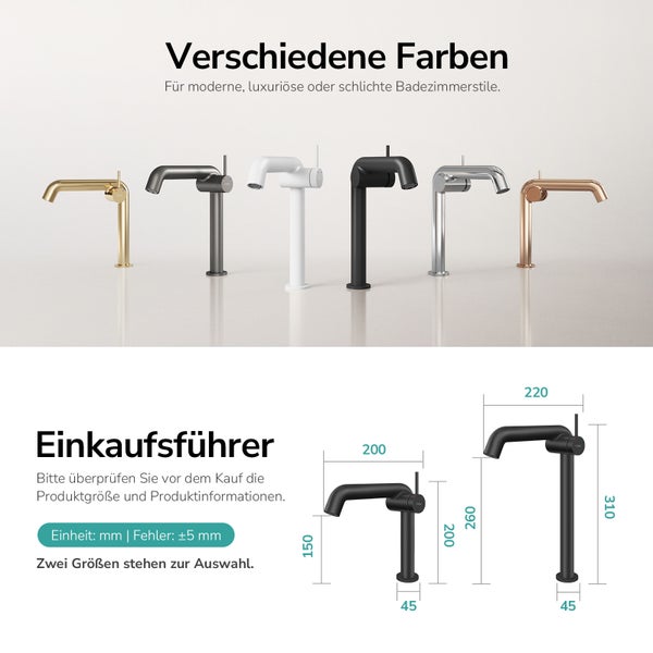 Verschiedenfarbige Badarmaturen für moderne Badezimmerstile mit Maßangaben