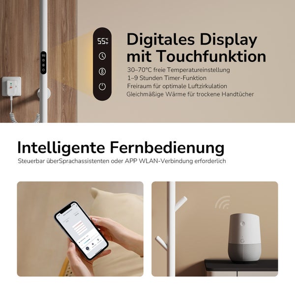 Elektrischer Handtuchheizkörper mit digitalem Touch Display Timer Steuerung per App und Sprachassistent für WLAN Verbindung