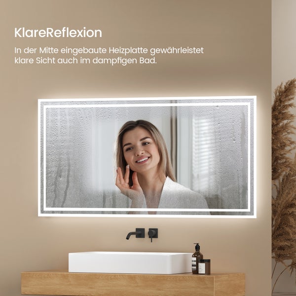 EMKE LED Badspiegel mit Beleuchtung, 120 x 60 cm, Kaltweiß/Warmweiß, Kippschalter, Anti-Beschlag, 5mm Kupferfreies, Rostfreies Glas, Horizontal/Vertikal Montierbar