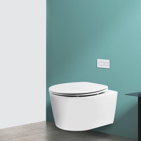 EMKE Toilettendeckel Oval mit Soft-Close-Funktion, WC-Sitze, Weiß, O Form, Schnellmontage, mit blauer Bedienleiste und Sitztragegriff, Tragfähigkeit max. 150kg, 447x363x51mm, für Bad