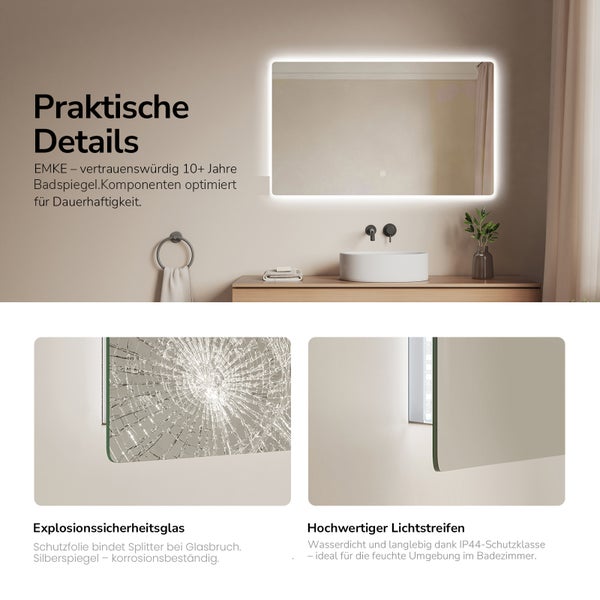 Beleuchteter EMKE Badezimmerspiegel mit LED Beleuchtung, Sicherheitsglas mit Splitterschutz und wasserdichter IP44 Lichtleiste fuer das Badezimmer.