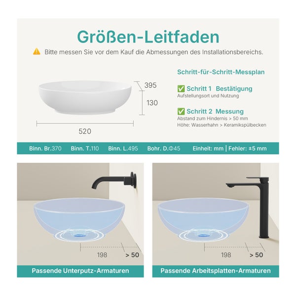 Größeninformationen für ein Waschbecken mit Installationshinweisen