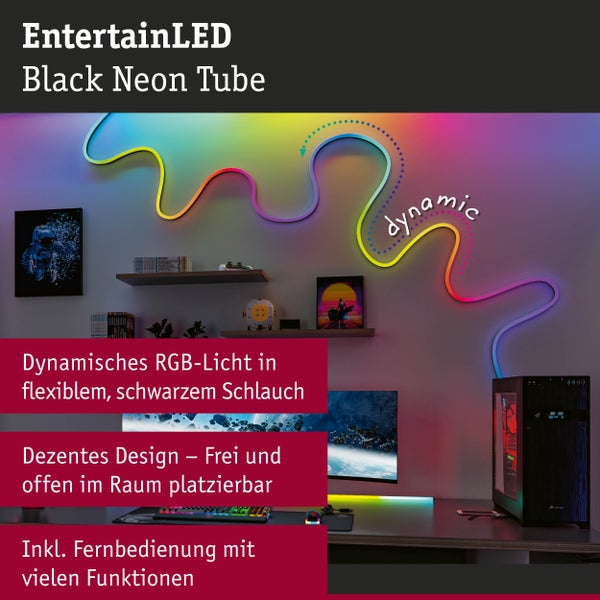 Schwarzer EntertainLED Neon-Schlauch im Gaming-Setup mit Computer