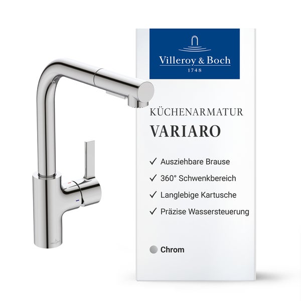 Villeroy und Boch Küchenarmatur Variaro mit ausziehbarer Brause und Schwenkbereich, Produktverpackung zeigt Villeroy und Boch Logo