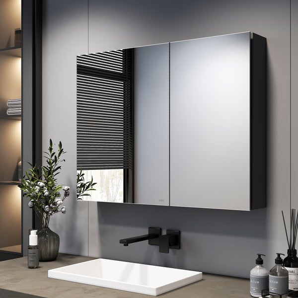 EMKE Spiegelschrank 85L x 65H x 14,5T cm, Badezimmerschrank Schwarz, 2-türig mit 3 mm kupferfreiem & rostfreiem Spiegelglas, 3 Ablagen, 105° Türöffnung, 304 Dämpfscharniere, großer Stauraum