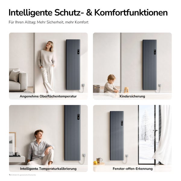 Vier Bilder zeigen Schutz und Komfortfunktionen eines elektrischen Wandheizkörpers wie Oberflächentemperatur, Kindersicherung und Fenstererkennung.