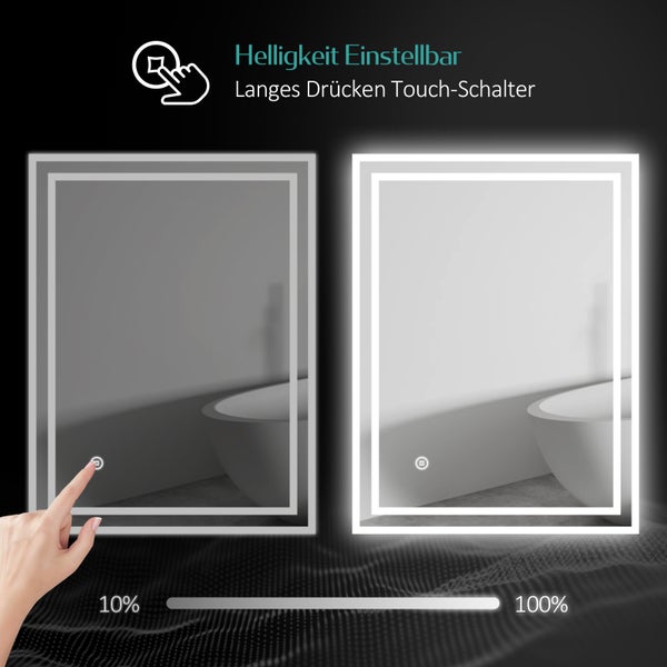 EMKE LED Badspiegel 70x50 cm, Spiegel mit Beleuchtung Kaltweiß, dimmbar & beschlagfrei, Touch-Schalter, Badezimmerspiegel IP44