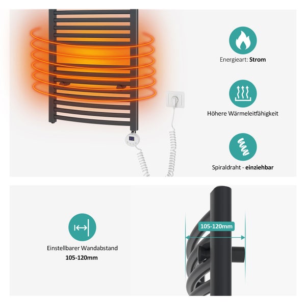 EMKE Elektrischer Badheizkörper  Design- Paneelheizkörper mit Thermostat und Timer für Handtuchwärmer, 500 Watt, 50 cm x 120 cm, Anthrazit