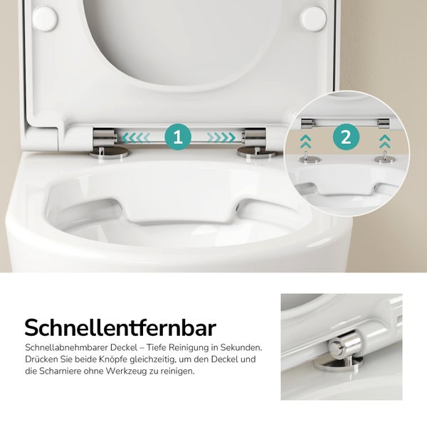 Abbildung der schnellen Entnahme eines Toilettendeckels in zwei Schritten