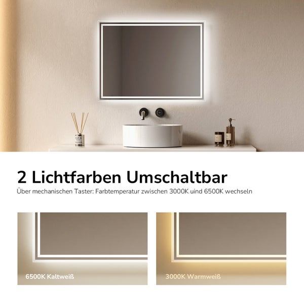 LED-Badezimmerspiegel mit zwei umschaltbaren Lichtfarben 3000 Kelvin Warmweiß und 6500 Kelvin Kaltweiß