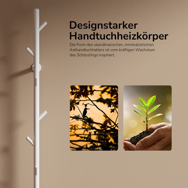 Skandinavischer Handtuchheizkörper in Astform mit minimalistischem Design an einer Wand montiert neben Bildern von Natur und Pflanzen.