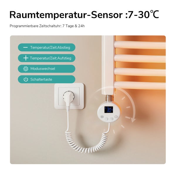 Digitales Thermostat für Badheizkörper mit Raumtemperatur-Sensor von 7 bis 30 Grad Celsius und programmierbarer Zeitschaltuhr.