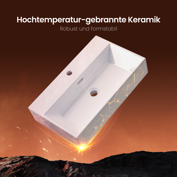 EMKE Aufsatzwaschbecken Keramik 515 x 360 mm, Glänzend Weiß, Mit Hahnloch – Eckiges Waschtisch für Aufsatz- & Wandmontage, für Badezimmer