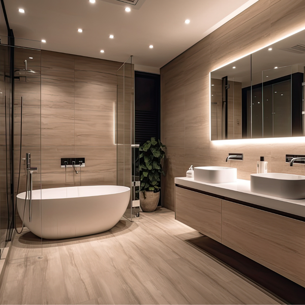 Modernes Badezimmer mit freistehender Badewanne, Waschtisch und Spiegel