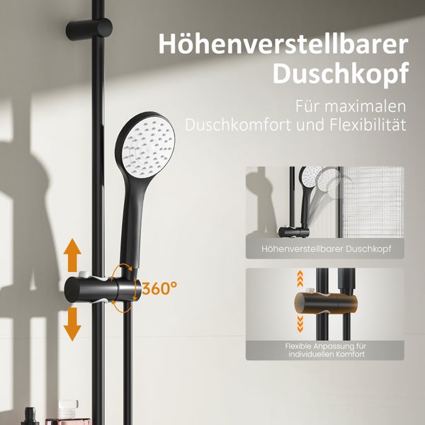 EMKE Duschsäule mit Handbrause, Seifenschale und 1,5 m Brauseschlauch, Duschset in Schwarz, verchromt, Ø19 mm Duschstange aus Edelstahl, KTW