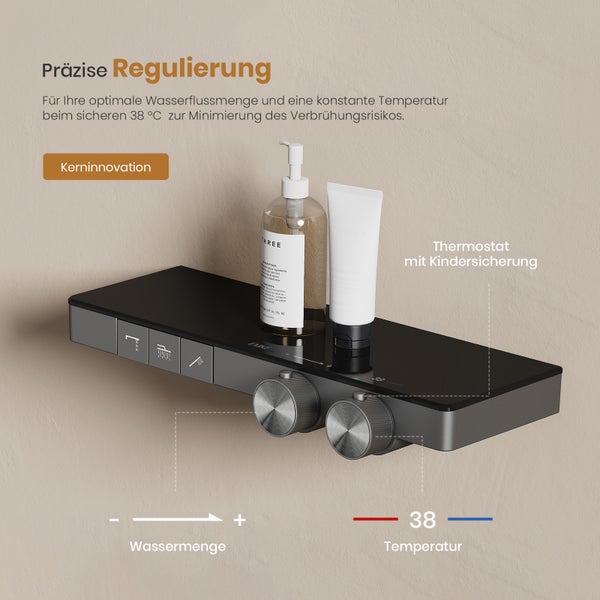 EMKE Duschsystem mit Thermostat, LED-Temperaturanzeige, Regendusche 36 x 24 cm, 4 Strahlarten, höhenverstellbare Brausestange, Anthrazit Matt
