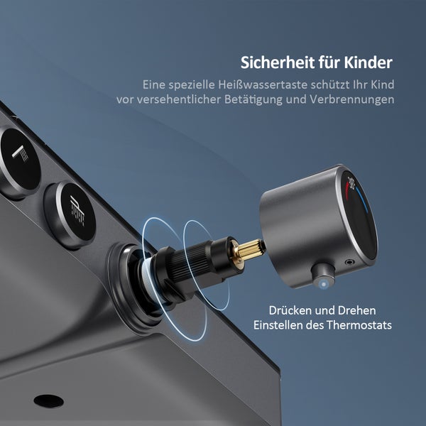 EMKE Duschsystem mit Thermostat 38 °C, 3 Strahlart(en), Überkopfbrause, Handbrause mit 3 Funktionen, unterer Wasserauslass, Verbrühungsschutz, Wandmontage, 114,6 × 45 × 48 cm, Anthrazit Matt