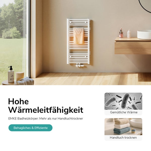 EMKE Badheizkörper mit hoher Wärmeleitfähigkeit und Handtuchtrockner-Funktion in einem hellen modernen Badezimmer neben einem Holzwaschtisch.