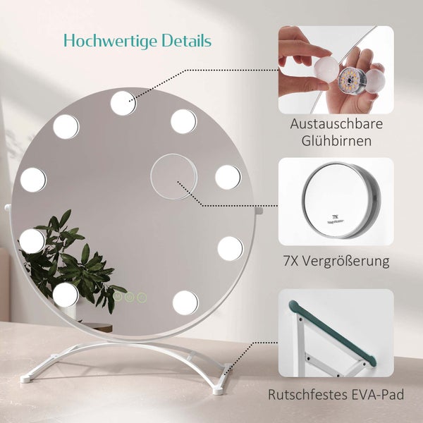 EMKE Hollywood Schminkspiegel Ø40 cm, LED-Tischspiegel mit Touch-Funktion, 9 dimmbare Leuchtmittel, 3 Lichtfarben, 7x Vergrößerung, Memory-Funktion, 360° drehbar, bohrfrei, Weiß – für Schminktisch & Schlafzimmer
