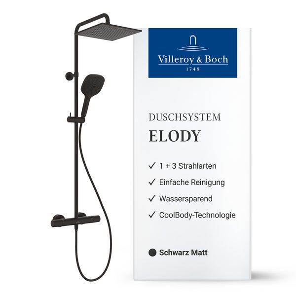 Villeroy und Boch Duschsystem Elody in mattem Schwarz mit Kopfbrause, Handbrause, Thermostat und CoolBody Technologie