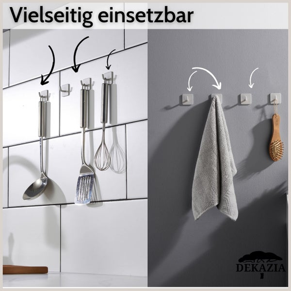 Mehrere selbstklebende Wandhaken von Dekazia an einer Kachelwand und einer grauen Wand zur Aufbewahrung von Küchenutensilien und Handtüchern.