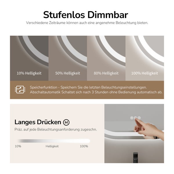 Infografik zur stufenlosen Dimmfunktion eines Spiegels mit Speicherfunktion und Abschaltautomatik nach 3 Stunden.
