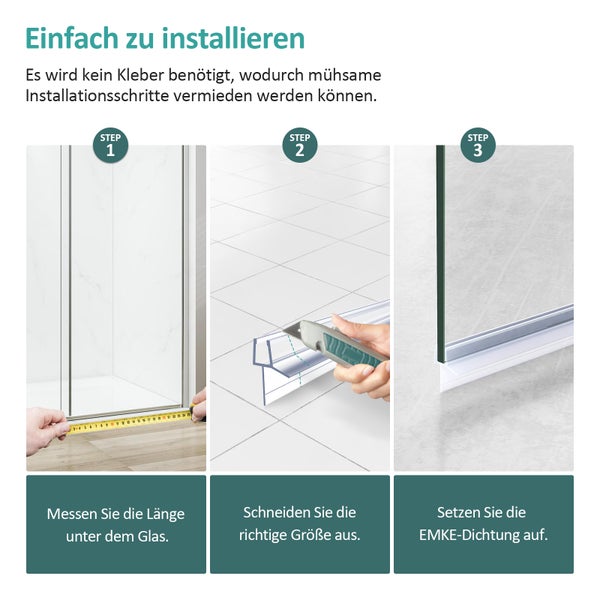 Anleitung zur Installation einer Dichtung an einer Duschkabine in drei Schritten: Länge messen, Dichtung zuschneiden und aufsetzen