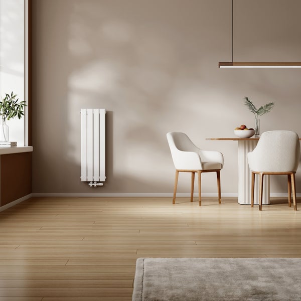 Heller Raum mit Heizkörper, Esstisch und Stühlen.