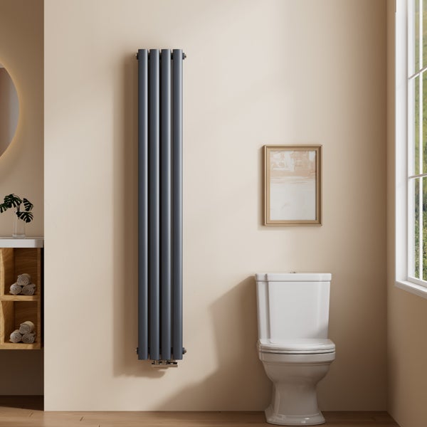 Badezimmer mit Heizkörper, Toilette, Spiegel und Dekoration