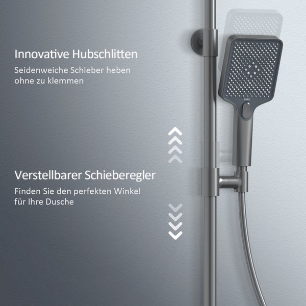 EMKE Duschsäule inkl. Thermostat, Duschsystem Regendusche 30cm, 3 Strahlarten, Duschstange mit Gleitstück, Eckig, Matt Anthrazit