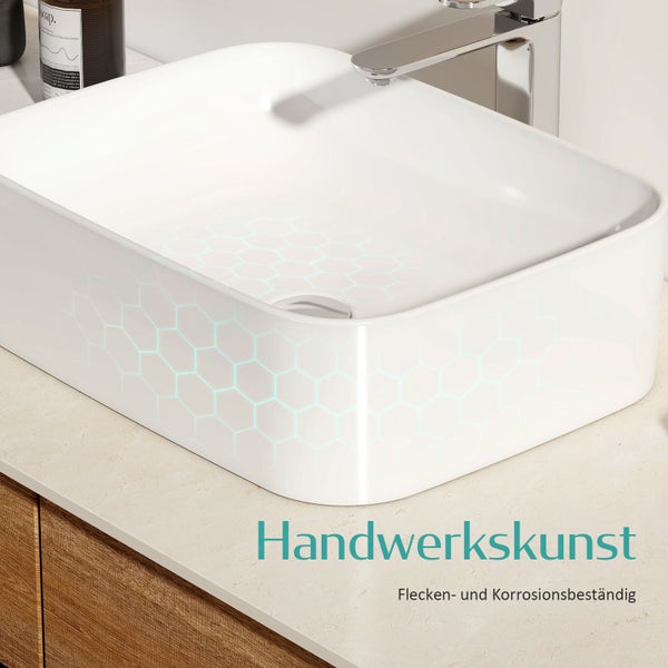 EMKE Aufsatzwaschbecken 705 × 380 mm, Rechteckiges Keramik Waschbecken, glänzend Weiß, ohne Hahnloch, R-Ecken-Design, Waschtisch für Badezimmer und Gäste-WC, modernes Design,  Höhe 150 mm