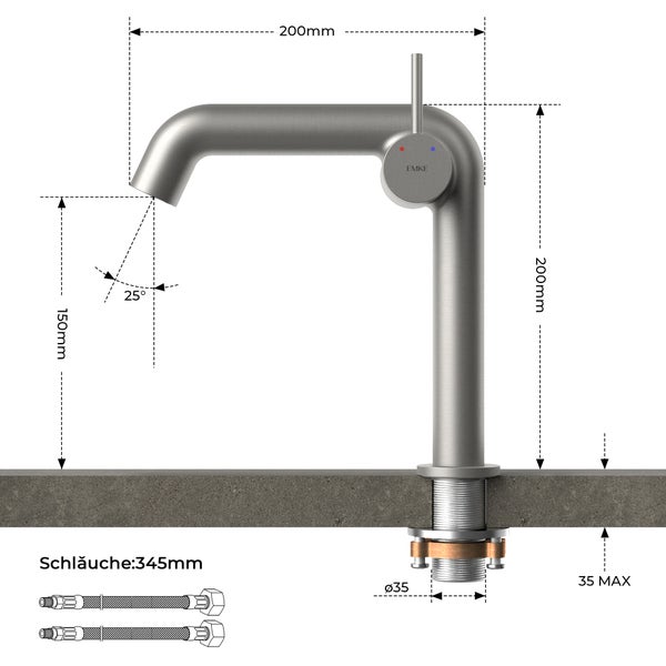 EMKE Einhebel-Waschtischarmatur, Badarmaturen, Waschbecken Armatur - Schweizer Design, Minimalistisches Design，G3/9, Wassersparend, Korrosionsschutz, Warm- & Kaltwasser, Bleifreies Messing, Pflegeleicht, Anthrazit Matt