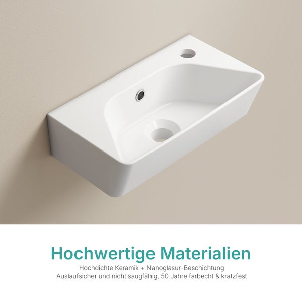 Weißes Wandwaschbecken aus Keramik mit Nanoglasur-Beschichtung, Überlauf und Hahnloch.