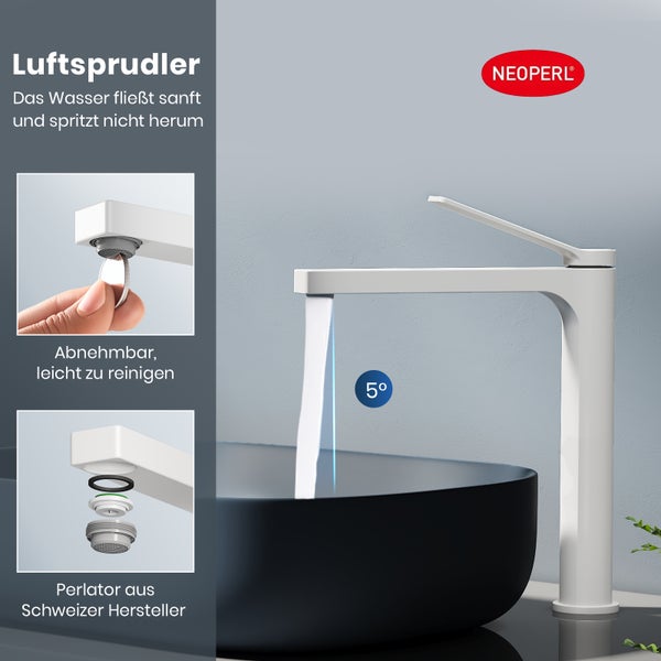 Weißer Wasserhahn mit Luftsprudler und Neoperl Logo