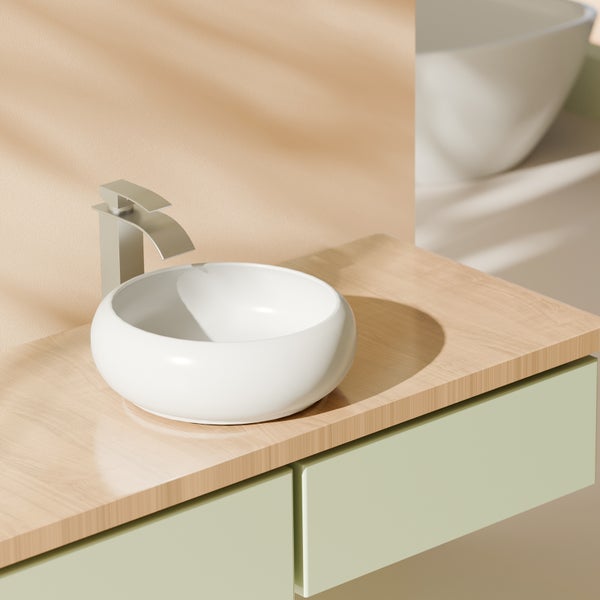 EMKE Aufsatzwaschbecken Ø36 cm, Keramik, Glänzend Weiß, Rund, Design Waschtisch für Bad & Gäste-WC, Pflegeleicht, Feuchtigkeitsbeständig, Höhe 12 cm