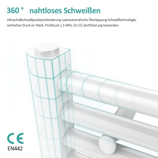 EMKE Badheizkörper Handtuchwärmer Handtuchtrockner 50 x 100 cm für Badezimmer, Mittelanschluss Wasserbetrieb, zentral beheizt, Weiß Rundrohr, 10 bar, 451W