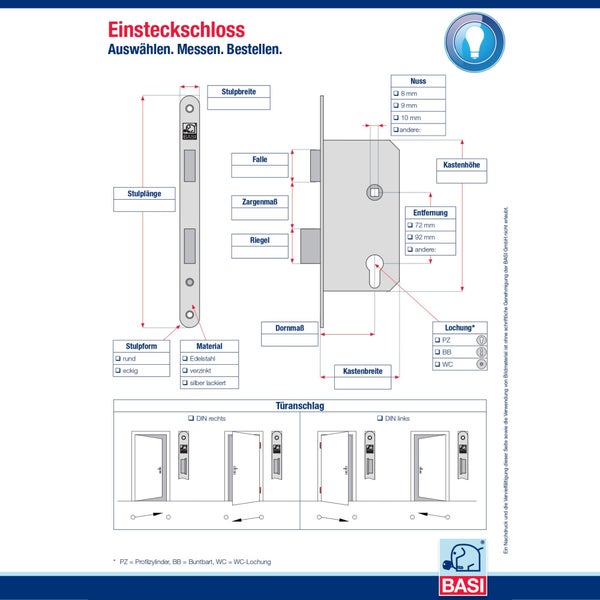 Einsteckschloss-Illustration mit Maßangaben und Optionen für Stulpform, Material, Nuss, Entfernung und Türanschlag