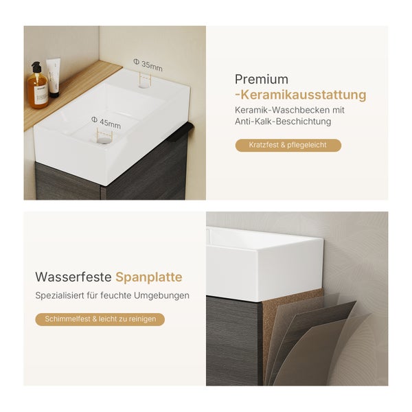 EMKE Waschbecken mit Unterschrank 417×240×646 mm, Waschtisch-Set mit Soft-Close, Türgriff, 2-fach verstellbarem Einlegeboden, Wandmontage, beidseitig montierbar,  Anthrazit