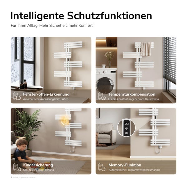 Infografik zeigt intelligente Schutzfunktionen eines elektrischen Handtuchheizkörpers wie Fenster offen Erkennung und Kindersicherung.