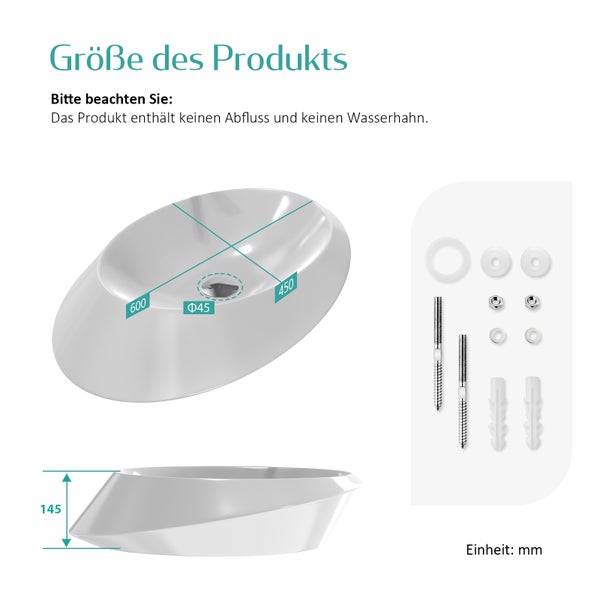 EMKE Aufsatzwaschbecken 600 × 450 mm, Ovales Design-Waschbecken, Keramik, asymmetrisch, glänzend Weiß, Handwaschbecken für Badezimmer, Höhe 145 mm