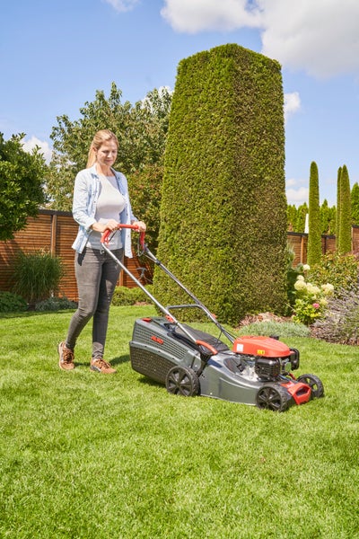 Eine Frau schiebt einen AL KO Benzin Rasenmäher über einen gepflegten Rasen in einem sonnigen Garten mit hohen Hecken.