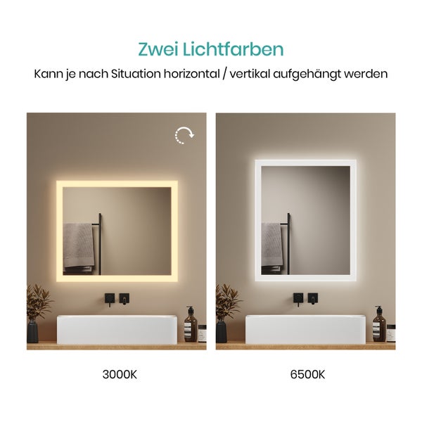 EMKE Badspiegel mit Beleuchtung 50 x 60 cm, LED-Spiegel mit Kippschalter, Anti-Beschlag, Kaltweiß/Warmweiß, Mattierter Rand
