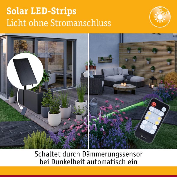 Solar LED Strip mit Solarpanel, IP65 Strahlwasserschutz, circa 7 Stunden Ladezeit und circa 4 Stunden Leuchtdauer
