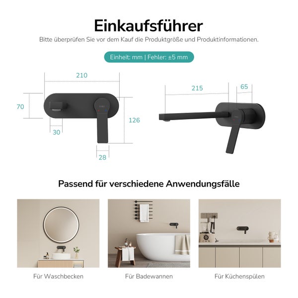 Produktbild mit den Abmessungen eines schwarzen Wasserhahns und Beispielen für Waschbecken, Badewanne und Spüle
