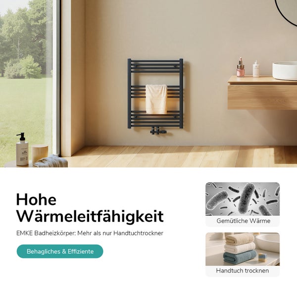 Badezimmer mit Handtuchheizkörper, Waschtisch und Handtuch