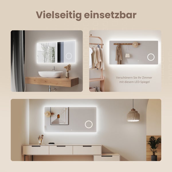 EMKE Badspiegel mit Beleuchtung 120 x 60 cm, Kaltweiß, Touch-Schalter, dimmbare Helligkeit, 3x Vergrößerung, rostfreier Spiegel, IP44, für Bad