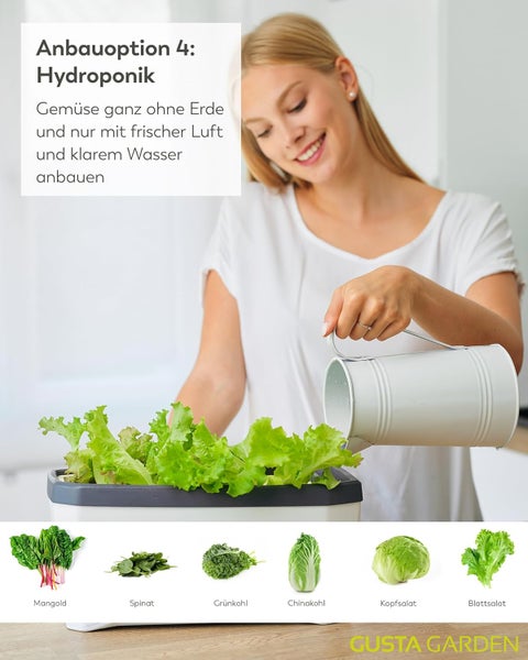 Hydroponischer Garten mit Mangold, Spinat, Grünkohl, Chinakohl, Kopfsalat und Blattsalat; Frau gießt mit Gießkanne.