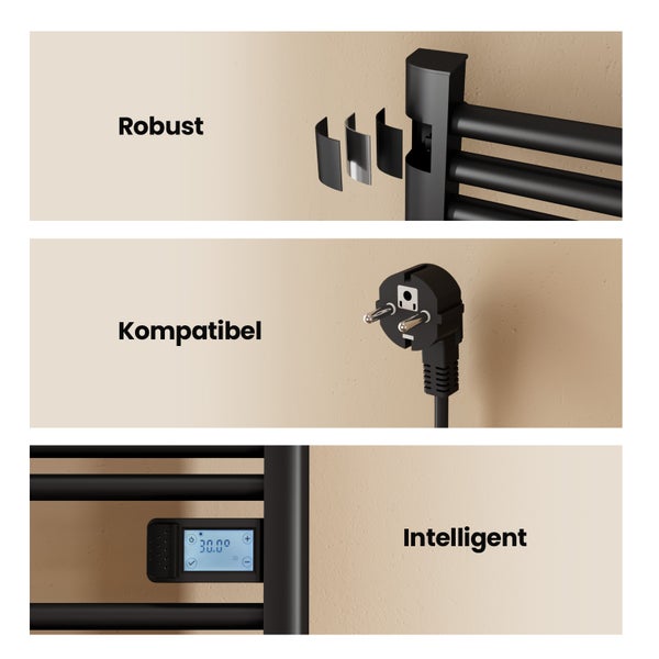 Detailansichten eines schwarzen Badheizkörpers, die seine robuste Bauweise, Kompatibilität und intelligente Steuerung zeigen.